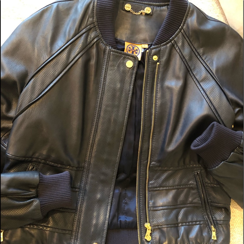 Tory Burch Leather blue bomber jacket